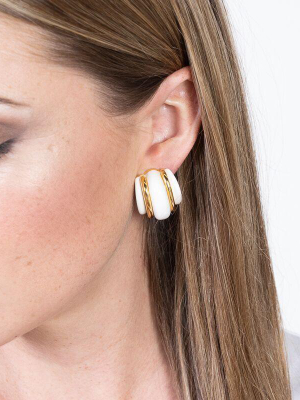 Gold Double Ribbed White Domed Hoop Clip Earrings