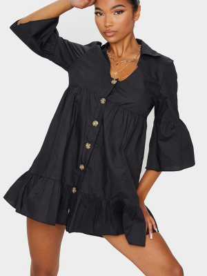 Black Button Front Tiered Smock Dress