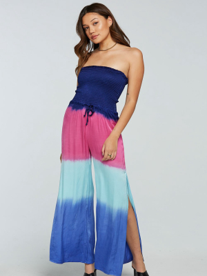 Stretch Silky Basics Smocked Strapless Side Slit Wide Leg Jumpsuit