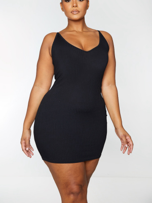 Plus Black Rib Plunge Strappy Bodycon Dress