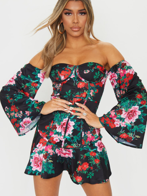 Black Floral Print Bardot Binding Detail Shift...