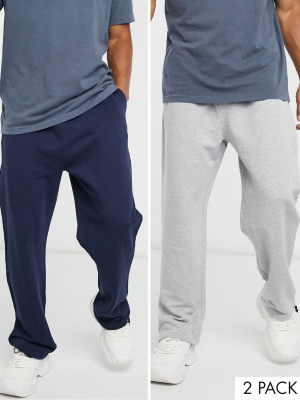 Asos Design Organic Super Oversized Sweatpants 2 Pack In Gray Marl/navy With Toggle Hem