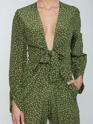 Silk Crepe De Chine Jumpsuit - Mille Punti Green Dot Print