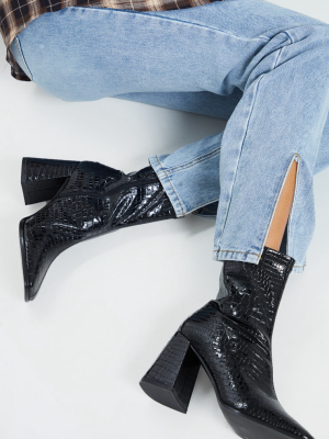 Black Croc Up Square Toe Mid Flare Block Heel...