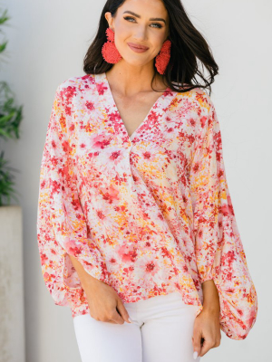 This Is For You Coral Pink Ditsy Floral Blouse