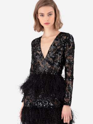 Black Invisible Tulle Embroidered V-neck Midi Dress