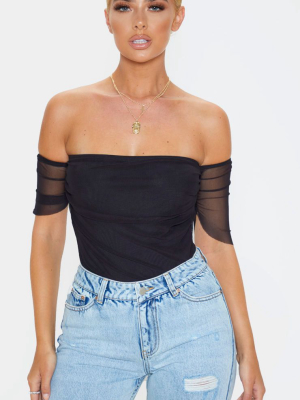 Black Mesh Ruched Bardot Bodysuit