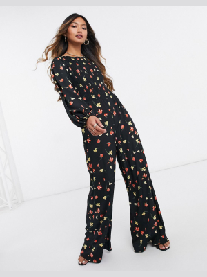 Asos Design Shirred Long Sleeve Jumpsuit In Fallen Floral Print