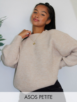 Asos Design Petite Crew Neck Fluffy Sweater With Balloon Sleeve