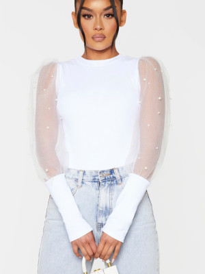 White Pearl Organza Sleeve Rib Top