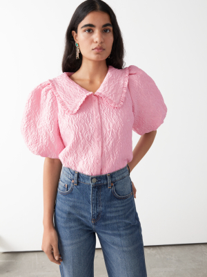 Textured Ruffle Collar Puff Sleeve Top