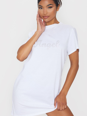 White Diamante Angel Slogan T Shirt Dress