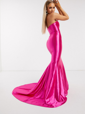 Club L London Satin Bandeau Fishtail Maxi Dress In Neon Pink