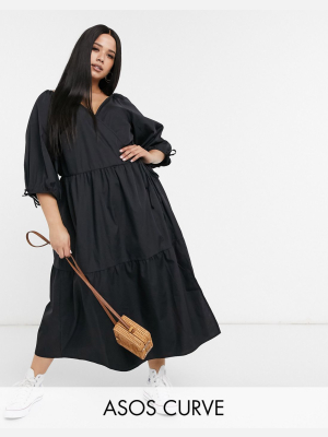 Asos Design Curve Cotton Poplin Smock Wrap Midi Dress In Black