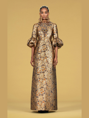 Crystal-embellished Floral Brocade Gown