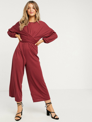 Asos Design Jersey X Front Wrap Long Sleeve Jumpsuit In Dark Plum