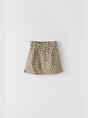 Animal Print Paperbag Denim Skirt