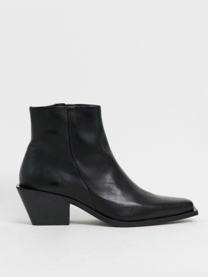 Asos Design Stacked Heel Western Chelsea Boot In Black Leather With Angular Sole