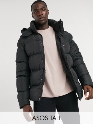 Asos Design Tall Sustainable Puffer Jacket With Detachable Hood In Black