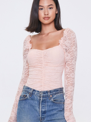 Ruched Floral Lace Bodysuit