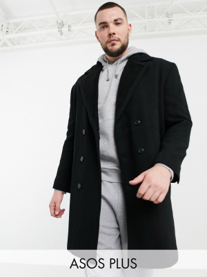 Asos Design Plus Wool Mix Coat With Teddy Lining In Black