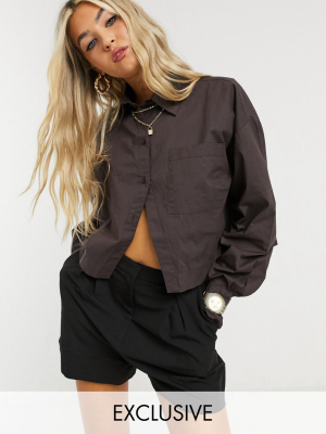 Collusion Cropped Shirt With Top Button Detail In Brown