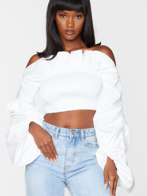 White Woven Shirred Extreme Frill Top Edge Crop...