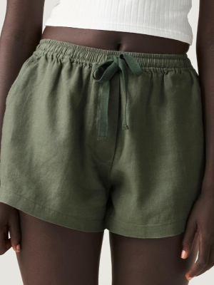 100% Linen Shorts In Khaki