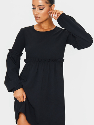 Black Frill Detail Long Sleeve Smock Dress