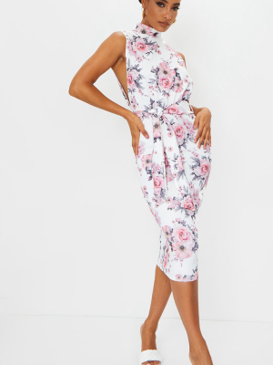 White Floral Print Tie Waist High Neck Midi Dress