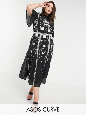 Asos Design Curve Embroidered Midi Dress With Godets And Circle Trim