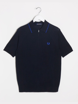 Fred Perry Half Zip Striped Knitted Polo In Navy