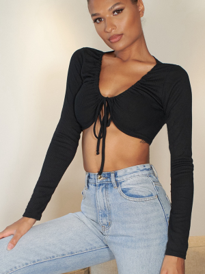 Black Rib Drawstring Tie Long Sleeve Crop Top