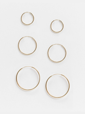 Asos Design Pack Of 3 Fine Hoop Earrings In Gold Tone