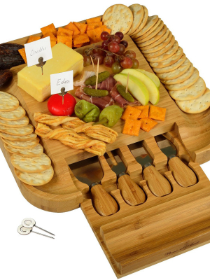 Picnic At Ascot - Bamboo Cheese Board With Cracker Groove & Integrated Drawer W/cheese Serving Set & Markers