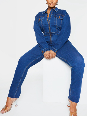 Plus Mid Blue Wash Denim Zip Front Jumpsuit