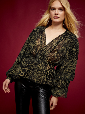 Idol Khaki Animal Print Ruffle Blouse