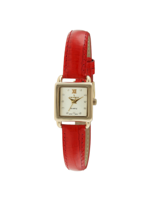 Women's Peugeot Mini Square Crystal Marker Leather Strap Watch - Gold And Red