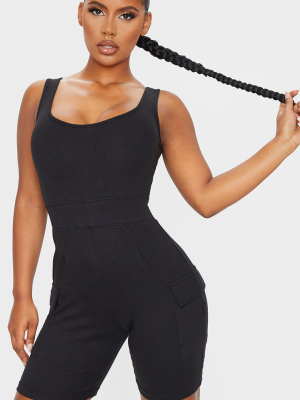 Black Thick Rib Pocket Detail Scoop Neck Unitard