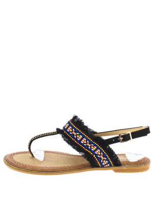 P909 Black Embroidery Frayed Thong Sling Back Sandal