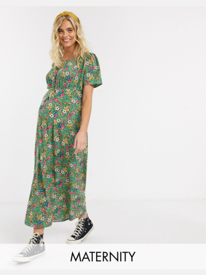 Mamalicious Maternity Maxi Tea Dress In Green Floral