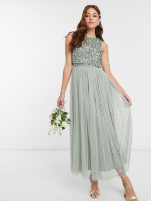 Maya Bridesmaid Sleeveless Midaxi Tulle Dress With Tonal Delicate Sequin Overlay In Sage Green