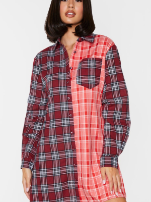 Red Two Tone Checked Shirt Dress