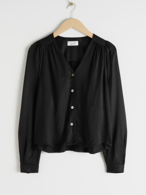 Gathered V-cut Button Up Blouse