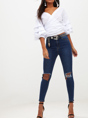 Open Knee Rip Dark Wash High Waisted Skinny Jean