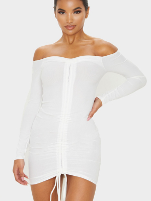 White Ribbed Long Sleeve Ruched Bodycon Dress