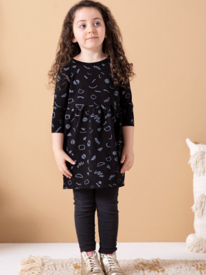 Squiggles Organic Gathered Dress - Black