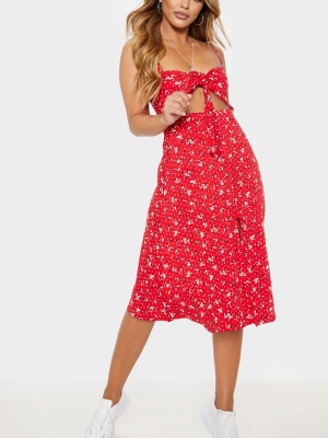 Petite Red Ditsy Floral Tie Front Strappy Swing...