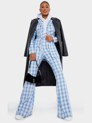 Light Blue Check Print Extreme Flare Pants