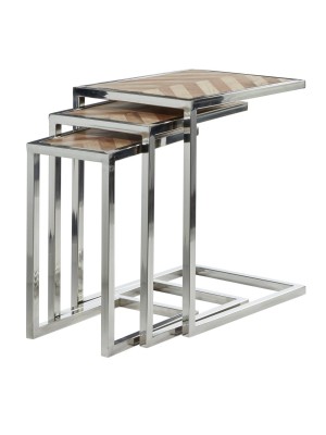 Set Of 3 Mango Wood And Stainless Steel Nesting Tables Brown - Olivia & May